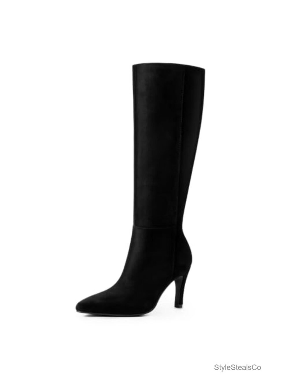 Faux Suede Pointed Toe Stiletto Knee High Boots Side Zip Wide Calf